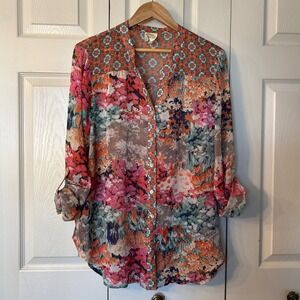 Fig and Flower Boho Floral Print Sheer Button Up Shirt Womens XL Multi Color